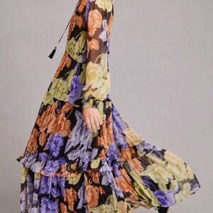 Anthropologie The Marais Printed Chiffon Maxi Dress Purple Floral L